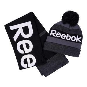Reebok Mens Pompom Beanie & Scarf Set Black OS New
